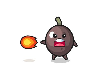cute black olive mascot is shooting fire power , cute design