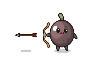 illustration of black olive character doing archery , cute design