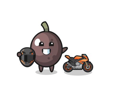 cute black olive cartoon as a motorcycle racer , cute design
