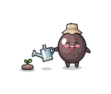 cute black olive is watering plant seeds , cute design