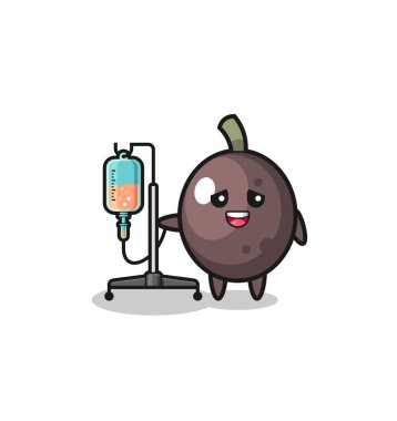 cute black olive character standing with infusion pole , cute design