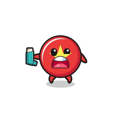 vietnam flag mascot having asthma while holding the inhaler , cute design
