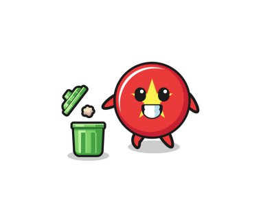 illustration of the vietnam flag throwing garbage in the trash can , cute design