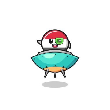 yemen flag cartoon riding a future spaceship , cute design