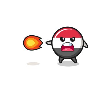 cute yemen flag mascot is shooting fire power , cute design