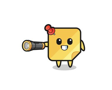 sticky notes mascot holding flashlight , cute design