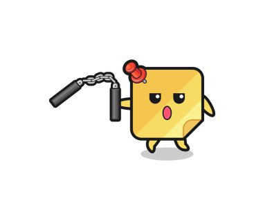 cartoon of sticky notes using nunchaku , cute design
