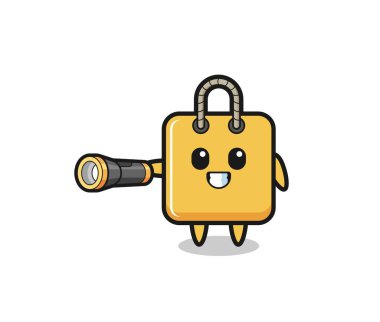 shopping bag mascot holding flashlight , cute design