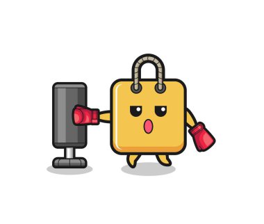 shopping bag boxer cartoon doing training with punching bag , cute design