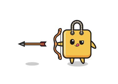 illustration of shopping bag character doing archery , cute design