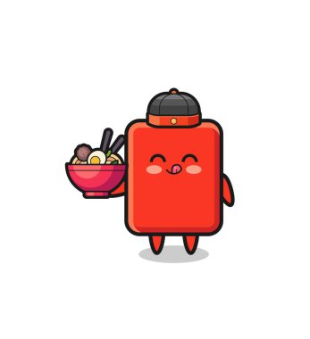 red card as Chinese chef mascot holding a noodle bowl , cute design