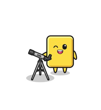 yellow card astronomer mascot with a modern telescope , cute design