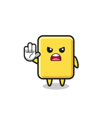 yellow card character doing stop gesture , cute design