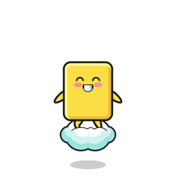 cute yellow card illustration riding a floating cloud , cute design