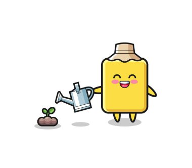 cute yellow card is watering plant seeds , cute design