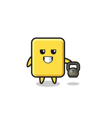 yellow card mascot lifting kettlebell in the gym , cute design