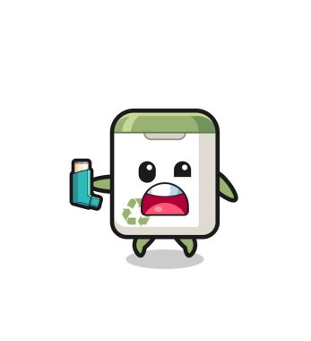 trash can mascot having asthma while holding the inhaler , cute design