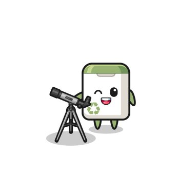 trash can astronomer mascot with a modern telescope , cute design