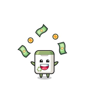 illustration of the trash can catching money falling from the sky , cute design