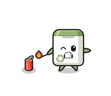 trash can mascot illustration playing firecracker , cute design