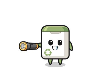 trash can mascot holding flashlight , cute design