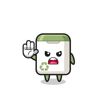 trash can character doing stop gesture , cute design