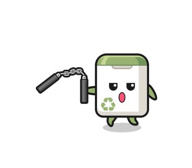 cartoon of trash can using nunchaku , cute design