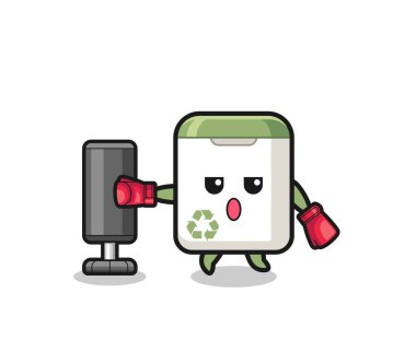 trash can boxer cartoon doing training with punching bag , cute design