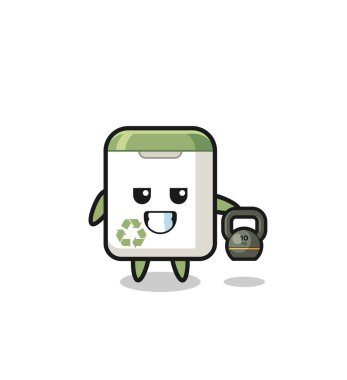 trash can mascot lifting kettlebell in the gym , cute design