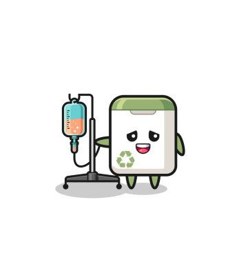 cute trash can character standing with infusion pole , cute design