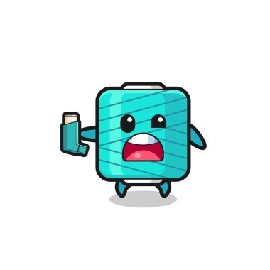 yarn spool mascot having asthma while holding the inhaler , cute design