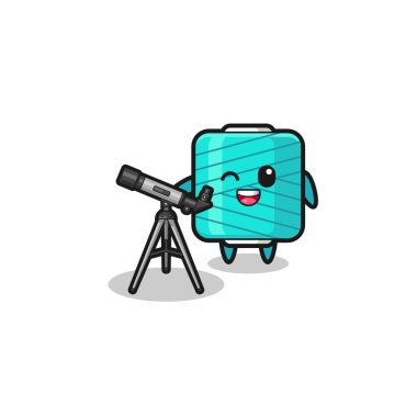 yarn spool astronomer mascot with a modern telescope , cute design