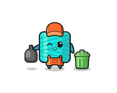 the mascot of cute yarn spool as garbage collector , cute design