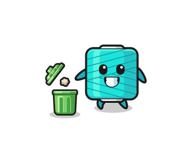 illustration of the yarn spool throwing garbage in the trash can , cute design
