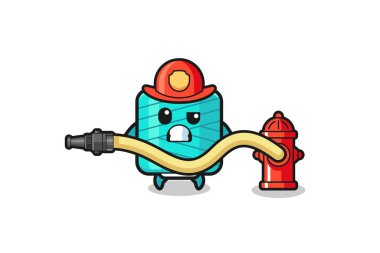yarn spool cartoon as firefighter mascot with water hose , cute design