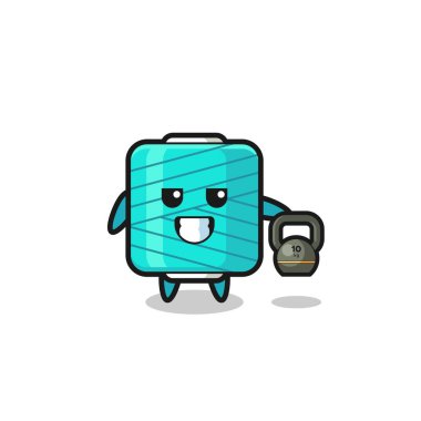 yarn spool mascot lifting kettlebell in the gym , cute design