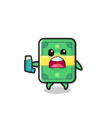 money mascot having asthma while holding the inhaler , cute design