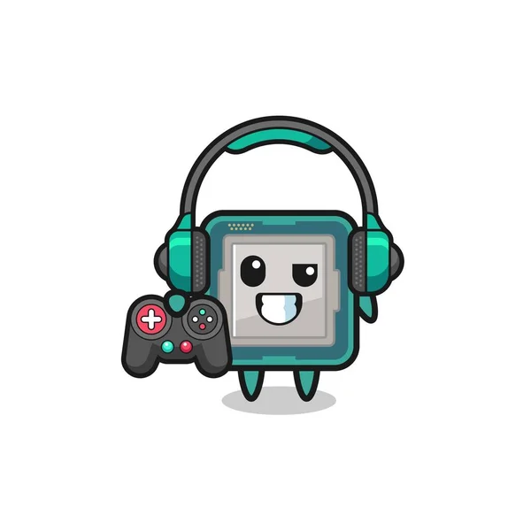 Processor Gamer Mascot Holding Game Controller Cute Design — Vector de stock