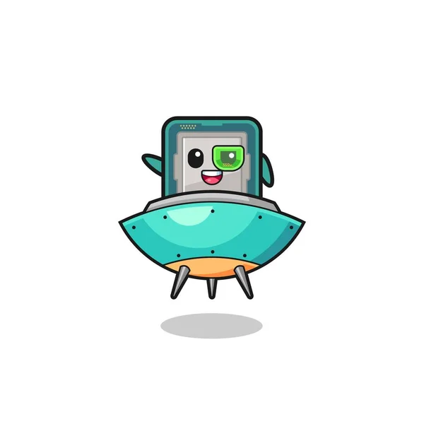 Processor Cartoon Riding Future Spaceship Cute Design — Stockvector