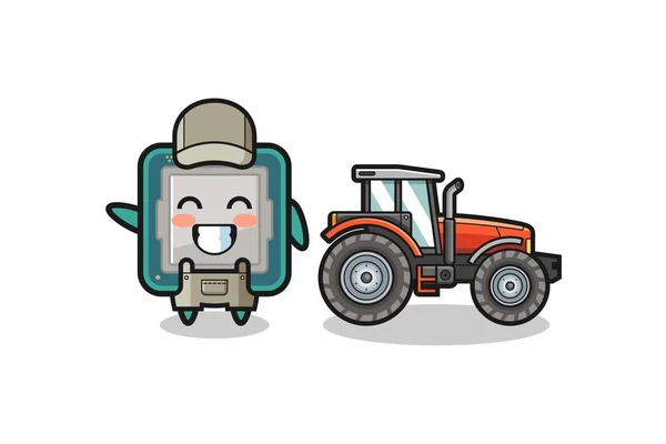 Processor Farmer Mascot Standing Tractor Cute Design — стоковый вектор