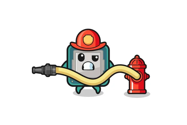 Processor Cartoon Firefighter Mascot Water Hose Cute Design —  Vetores de Stock