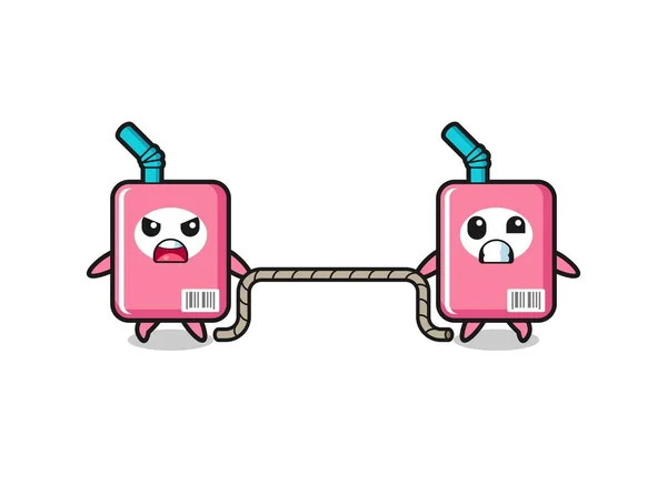 Cute Milk Box Character Playing Tug War Game Cute Design — Wektor stockowy