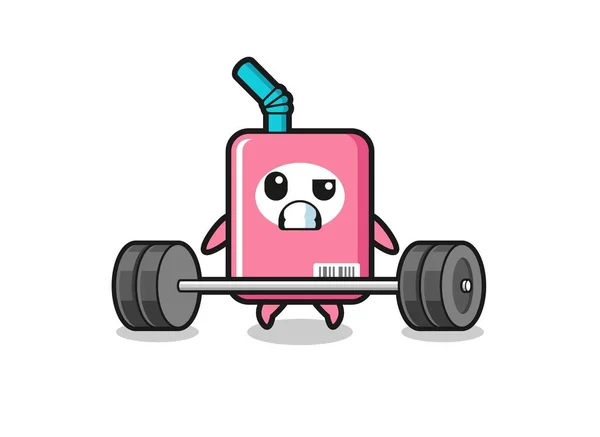 Cartoon Milk Box Lifting Barbell Cute Design — Vetor de Stock