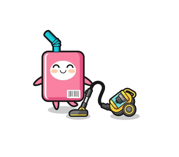 Cute Milk Box Holding Vacuum Cleaner Illustration Cute Design — Stok Vektör