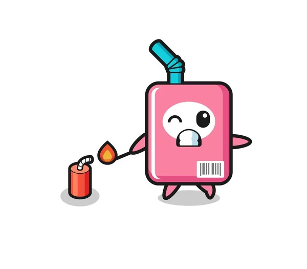 Milk Box Mascot Illustration Playing Firecracker Cute Design — Stok Vektör