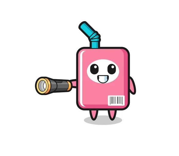 Milk Box Mascot Holding Flashlight Cute Design — Archivo Imágenes Vectoriales