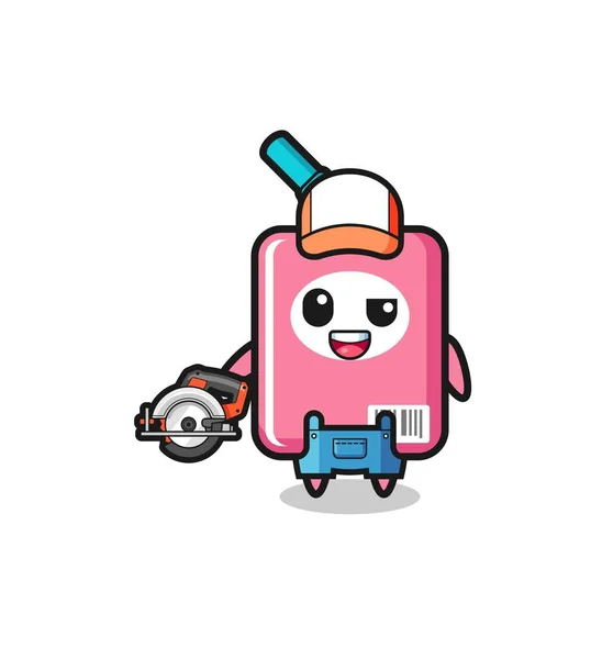 Woodworker Milk Box Mascot Holding Circular Saw Cute Design — Wektor stockowy