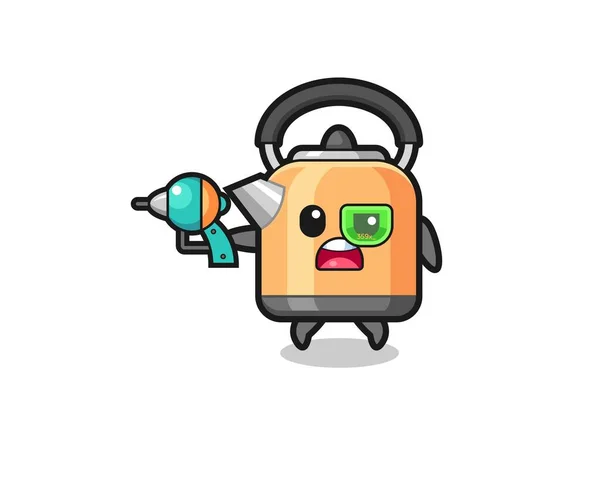 Cute Kettle Holding Future Gun Cute Design — Stockvector