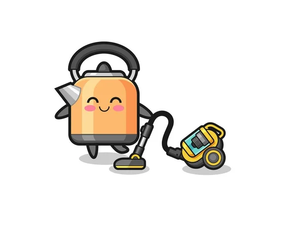 Cute Kettle Holding Vacuum Cleaner Illustration Cute Design — Stock Vector