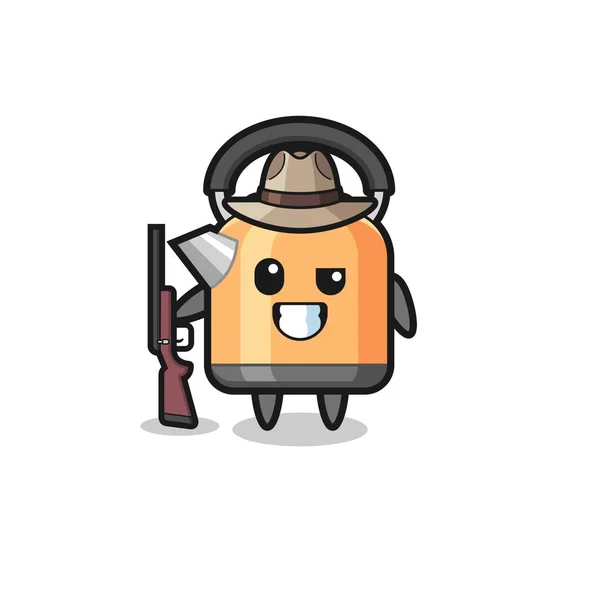 Kettle Hunter Mascot Holding Gun Cute Design — Vetor de Stock